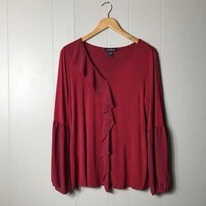 AUGUST SILK RUBY RED RUFFLE V-NECK LONG SLEEVE PULLOVER BLOUSE WOMENS MEDIUM